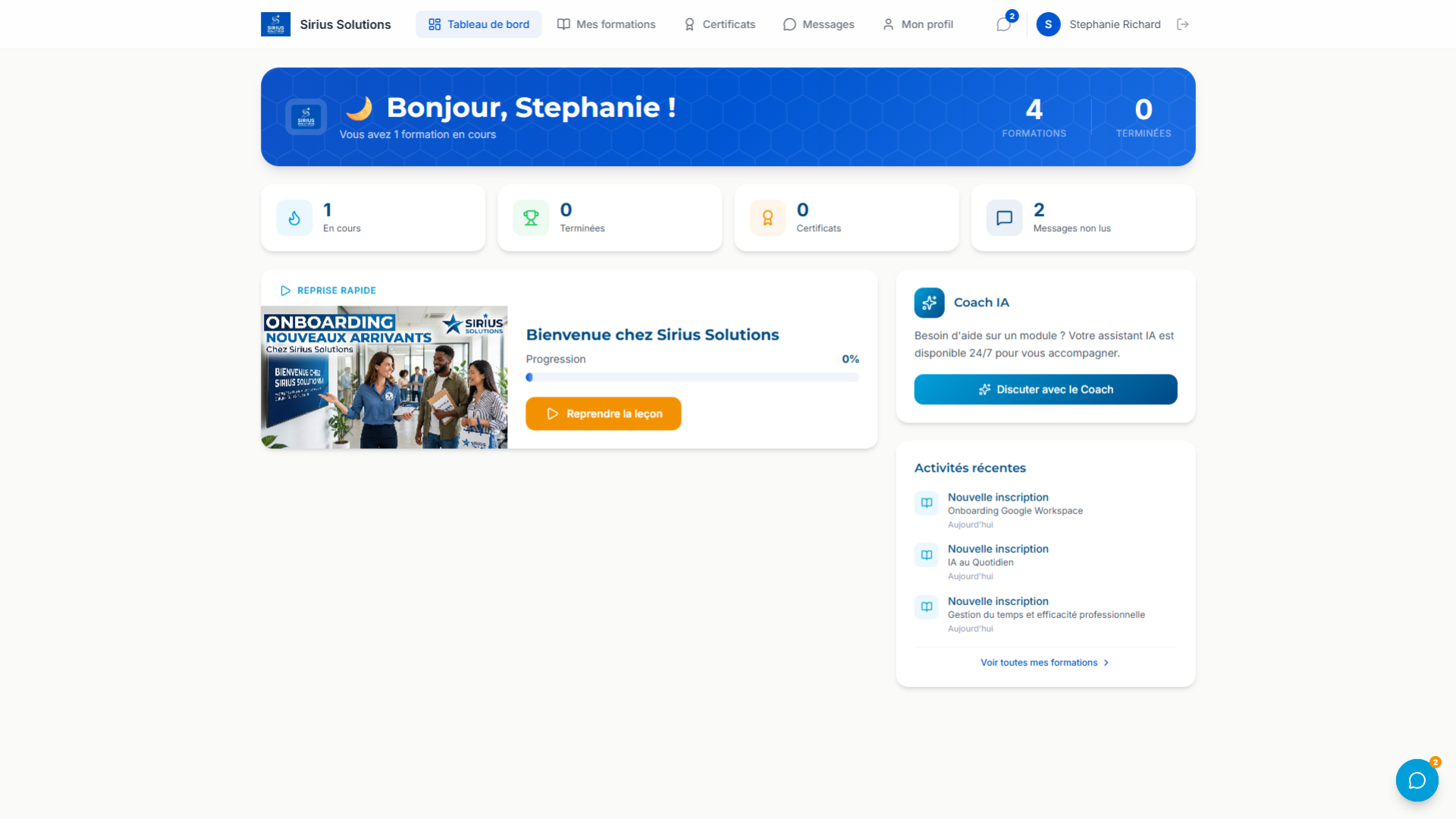 Tableau de bord apprenant FormaLMS — interface personnalisée avec KPIs et reprise rapide