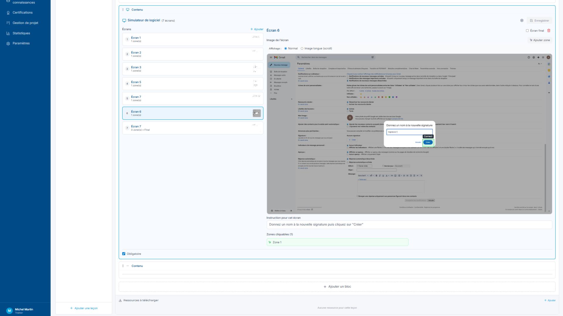 Simulateur logiciel FormaLMS — pratique interactive pas-à-pas sur captures réelles